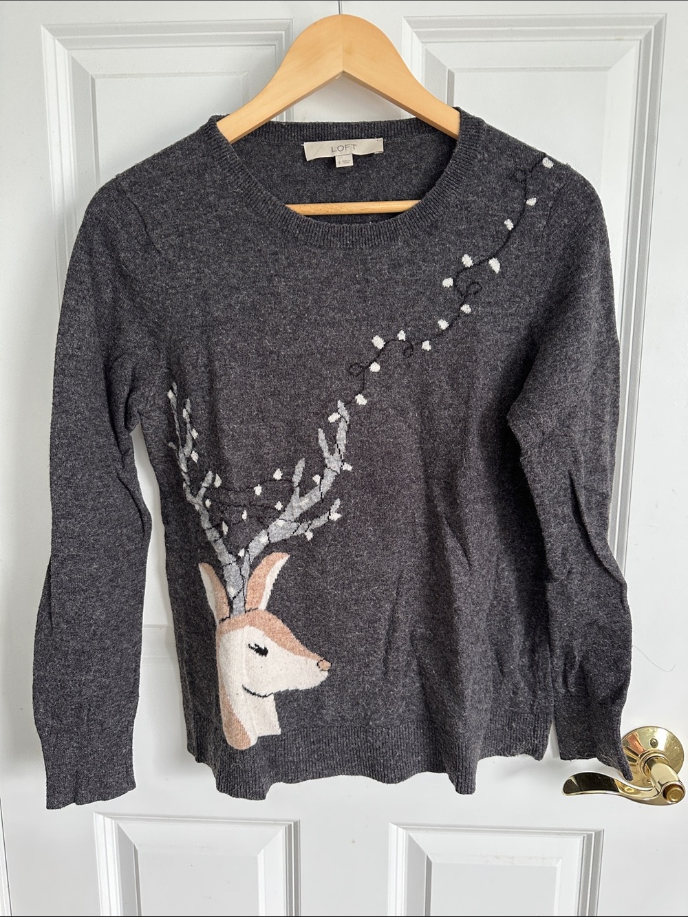 LOFT Charcoal Gray Crewneck Sweater with Deer Motif